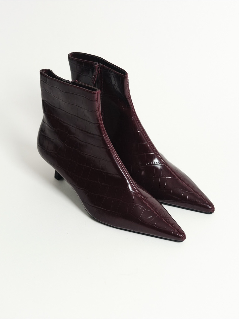 Pointed Toe Croc-Embossed Ankle Boots in Deep Burgundy